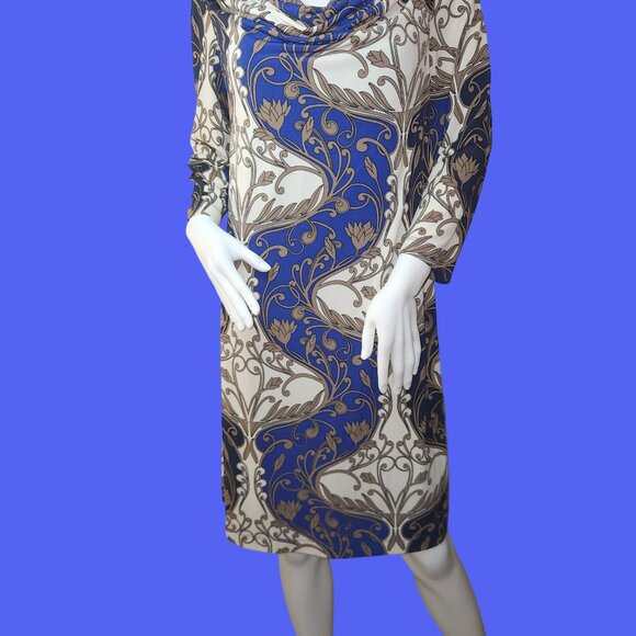 Floral Scroll Print Cowl Neck Midi Dress With 3/4 Sleeves - Size 8 - Picture 2 of 6